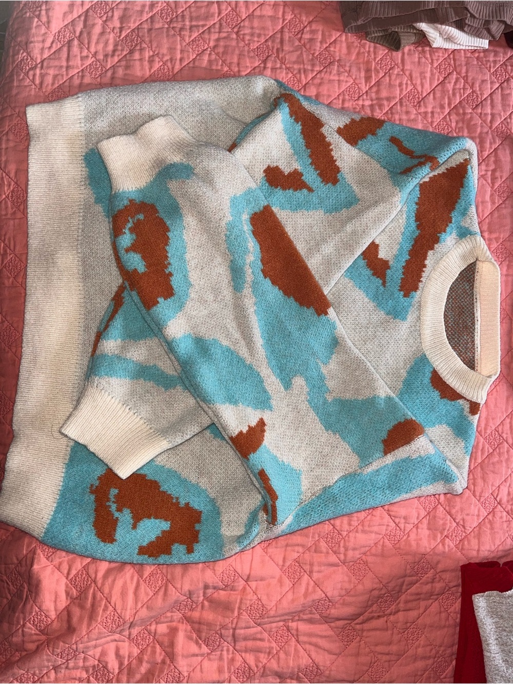 Cream Sweater with Blue and Rust Abstract Pattern